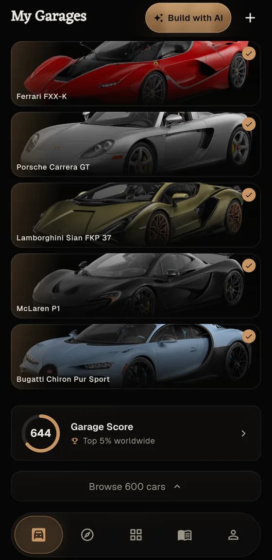 Dream Car Garage Android app showing saved garages